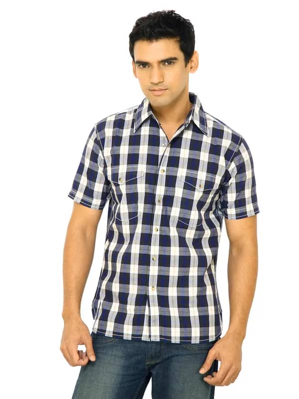 Wrangler Men Warnick Square Block Navy Blue Shirts