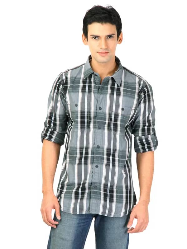 Basics Men Grey Checked Shirt