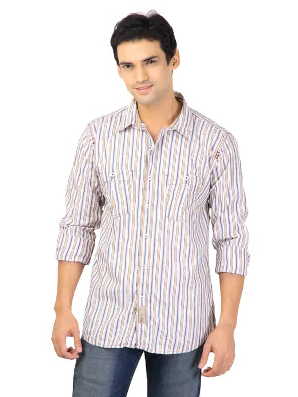 Basics Men White Slim Fit Striped Shirt