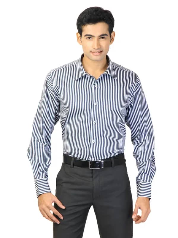 Genesis Men Stripes Navy Blue Shirts