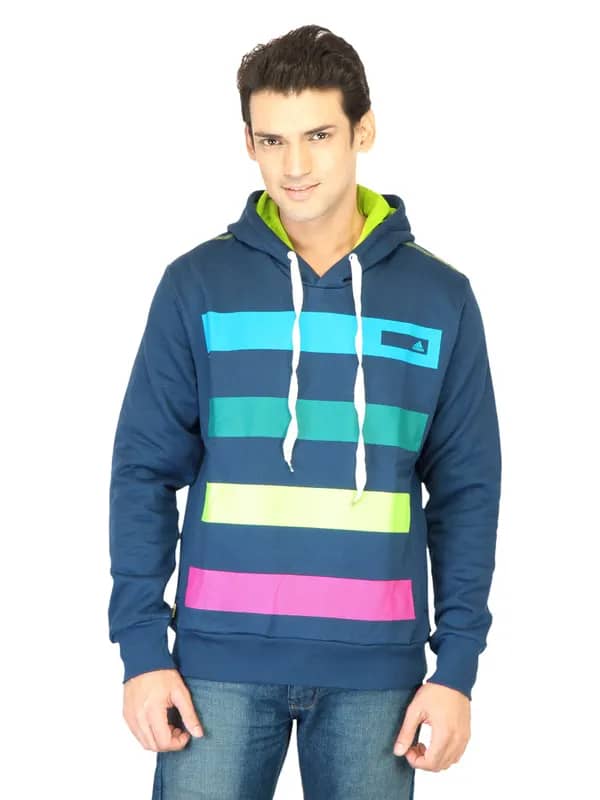 ADIDAS Men Sf Striped Hood Blue Sweatshirts