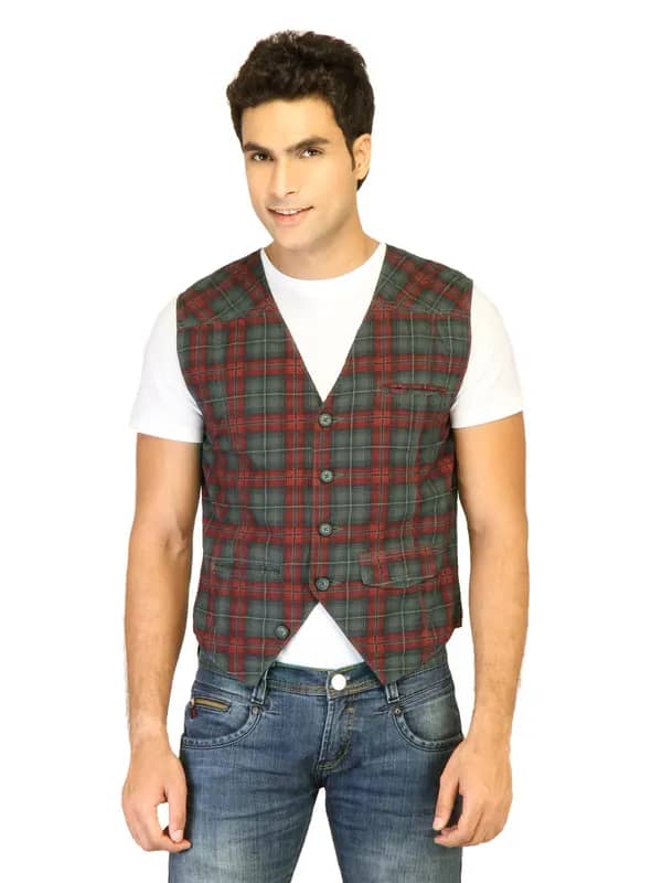 Basics Men Red Checked Waistcoat