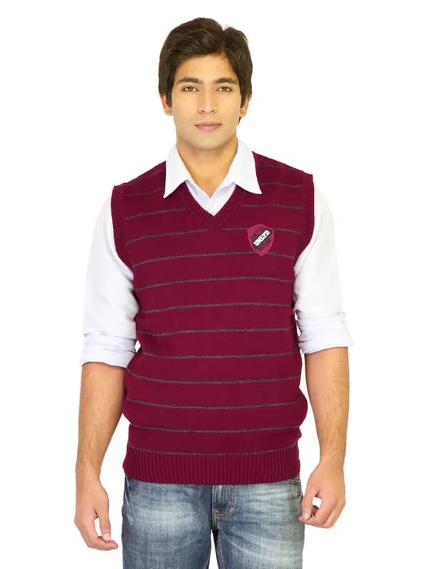 Indigo Nation Men Stripes Maroon Sweaters