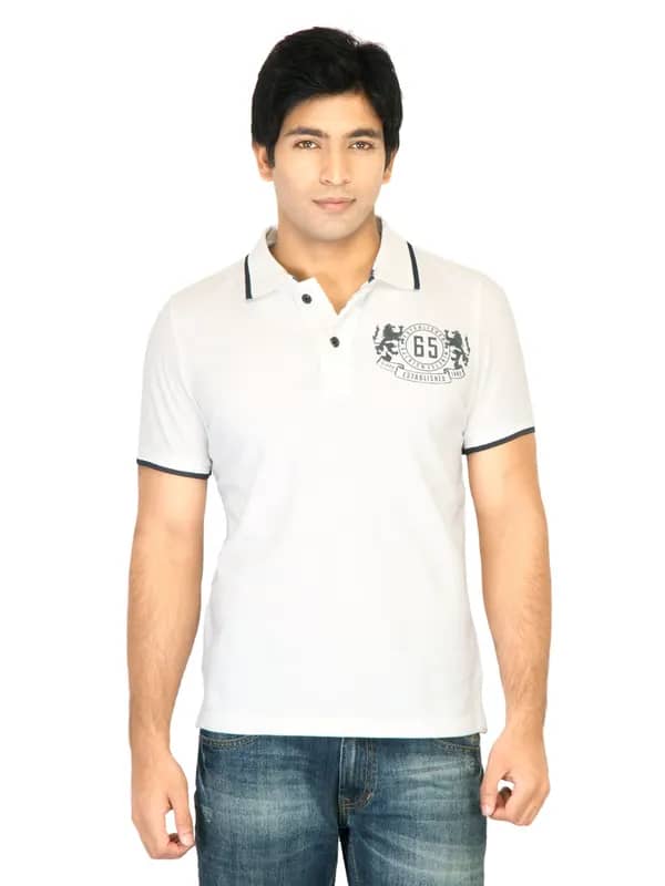 United Colors of Benetton Men Printed White Polo Tshirts