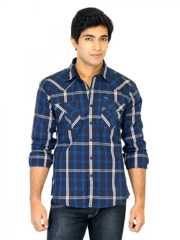 Flying Machine Men Check Blue Shirts