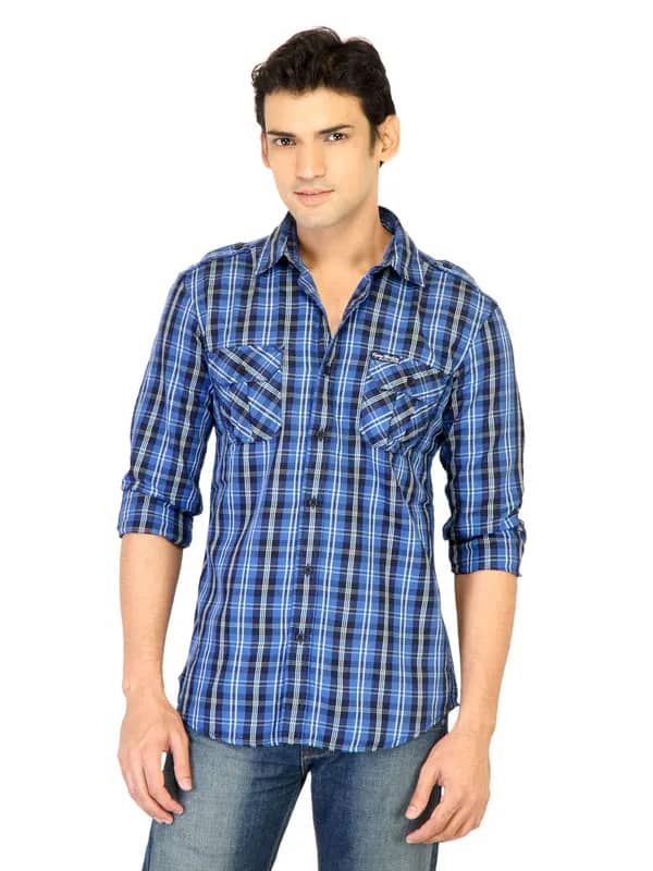 Flying Machine Men Check Blue Shirts