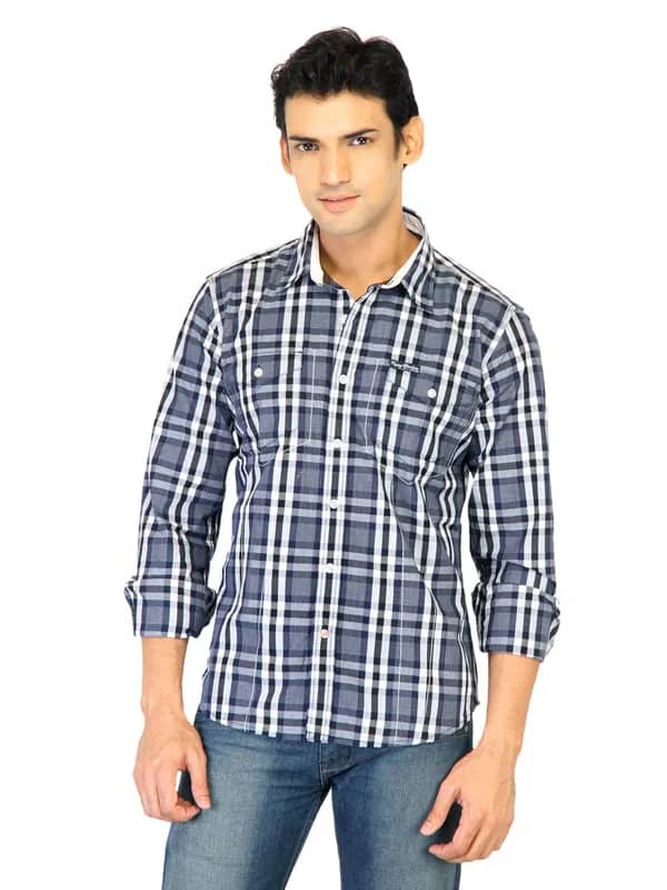 Flying Machine Men Check Navy Blue Shirts