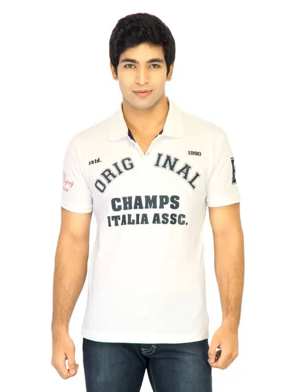 Flying Machine Men Printed White polo Tshirts