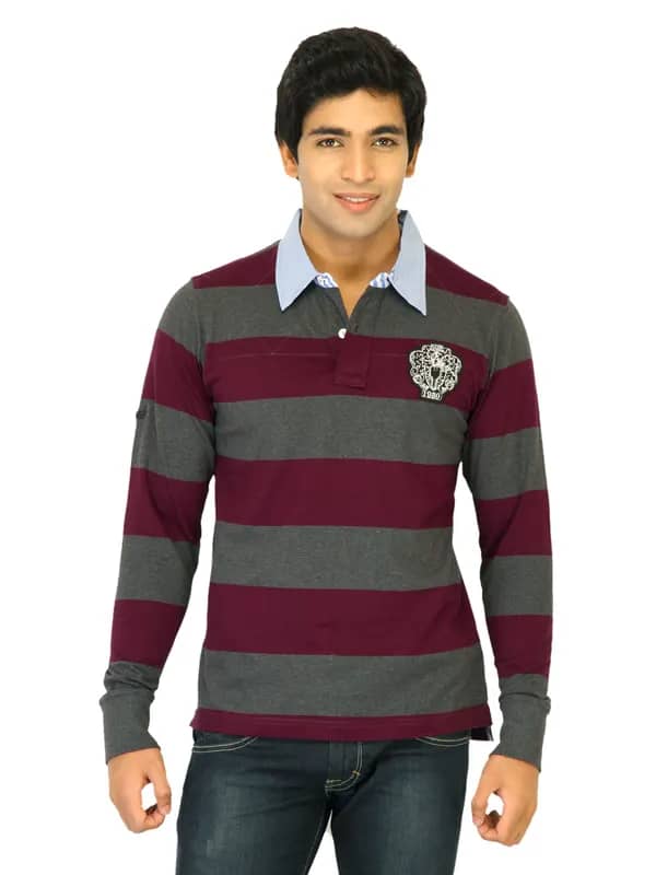 Flying Machine Men Stripes Grey Polo Tshirts