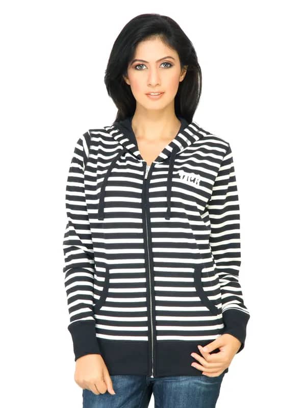 United Colors of Benetton Women Stripes Black Sweat Shirts