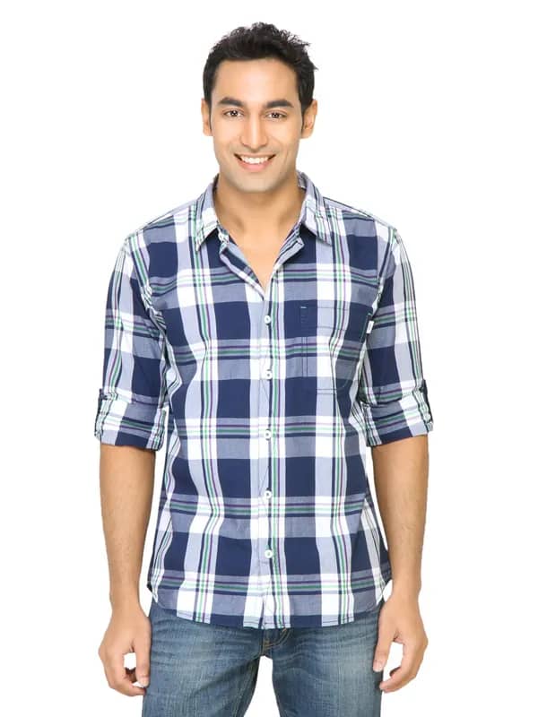 Basics Men Navy Slim Fit Checked Shirt