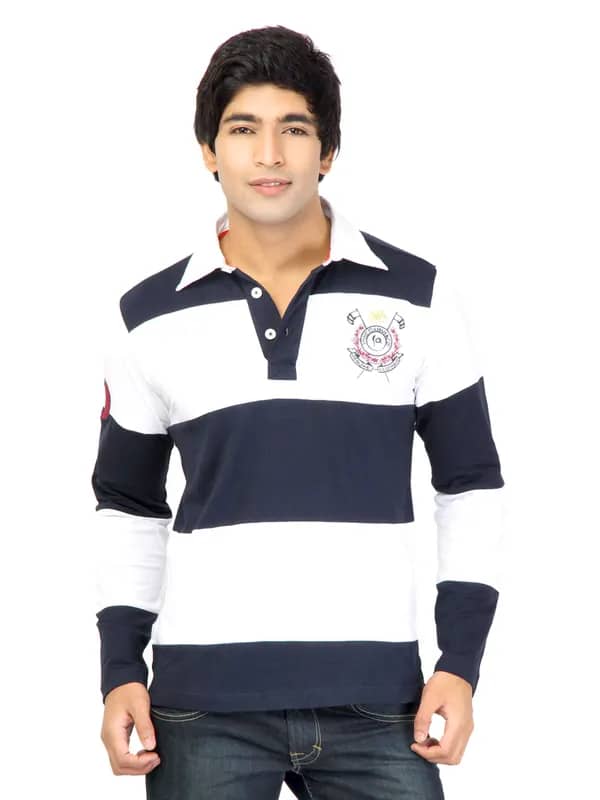 Status Quo Men Stripes Navy Blue Tshirts