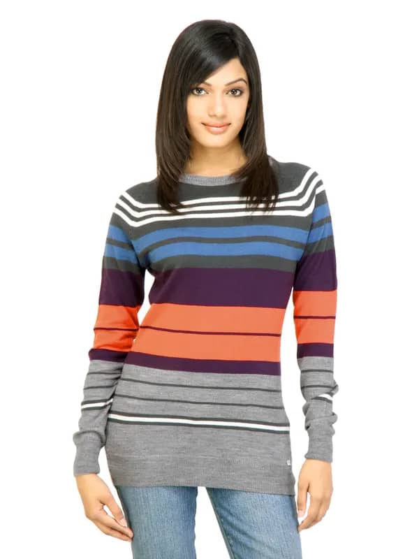 ADIDAS Women Stripes Blue Sweaters