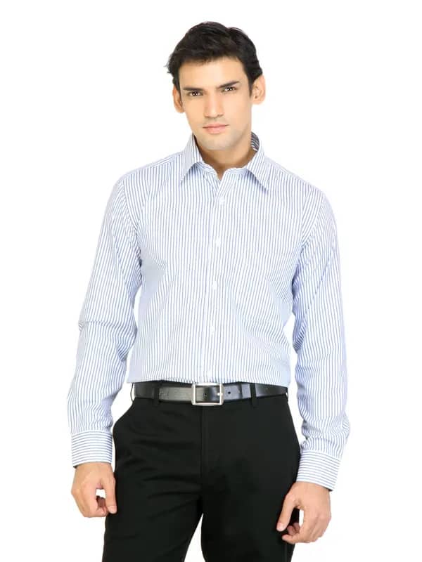 Mark Taylor Men White & Blue Striped Shirt