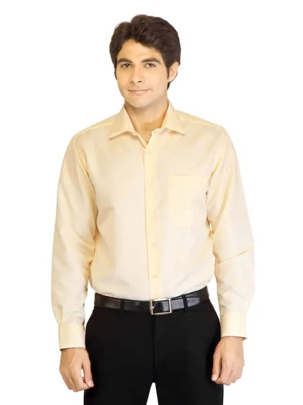 Peter England Men Stripes Cream Shirt