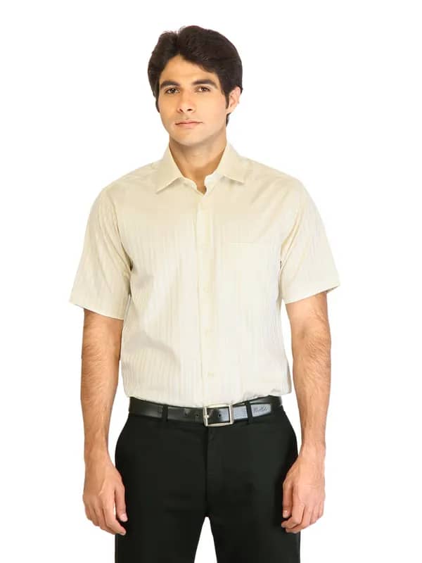 Peter England Men Stripes Cream Shirt