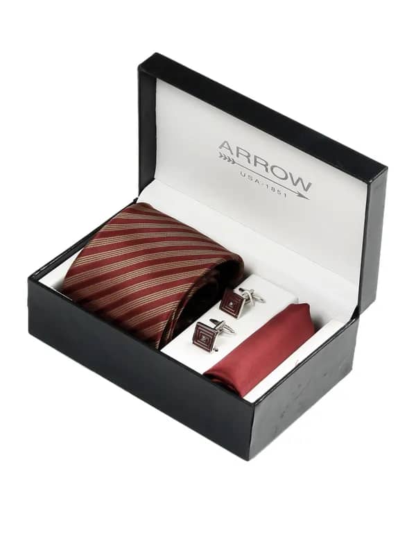 Arrow Men Formal Maroon Tie+Cufflink+Pocket square - Combo Pack