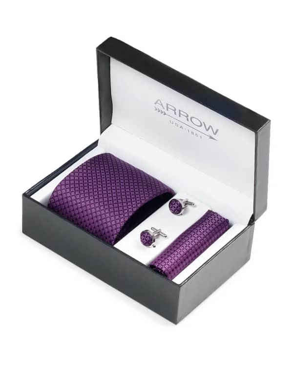 Arrow Men Formal Purple Tie+Cufflink+Pocket square - Combo Pack