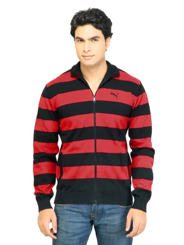 Puma Men Striped Full Zip Red Sweaters