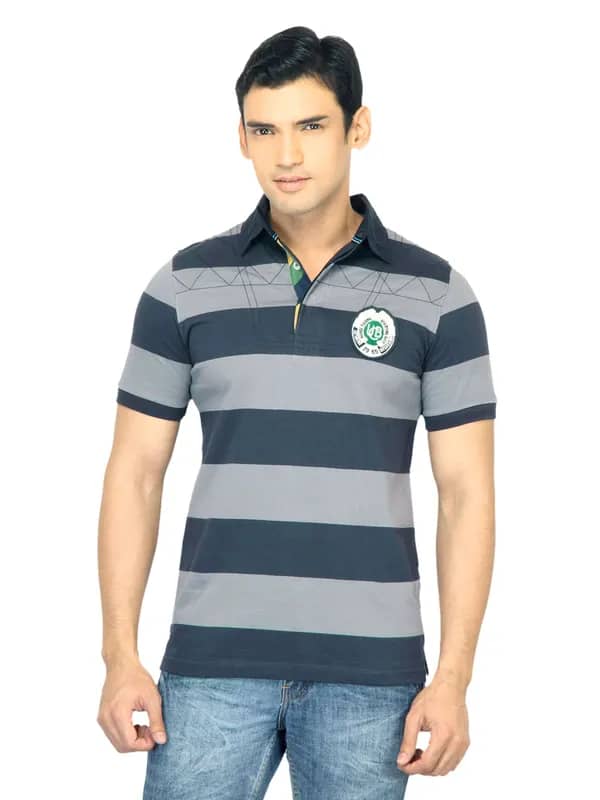 United Colors of Benetton Men Stripes Navy Blue Polo Tshirt