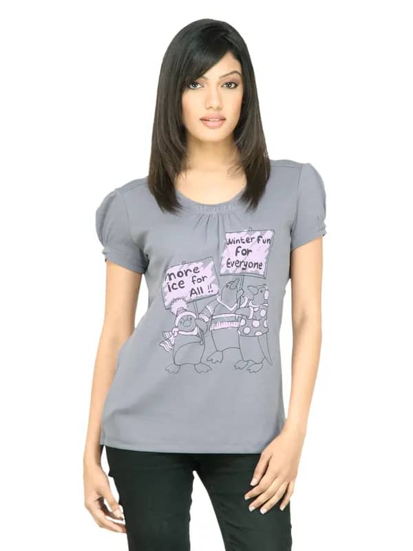 United Colors of Benetton Women Printed Grey Top