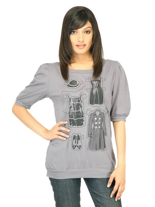 United Colors of Benetton Women Printed Grey Top