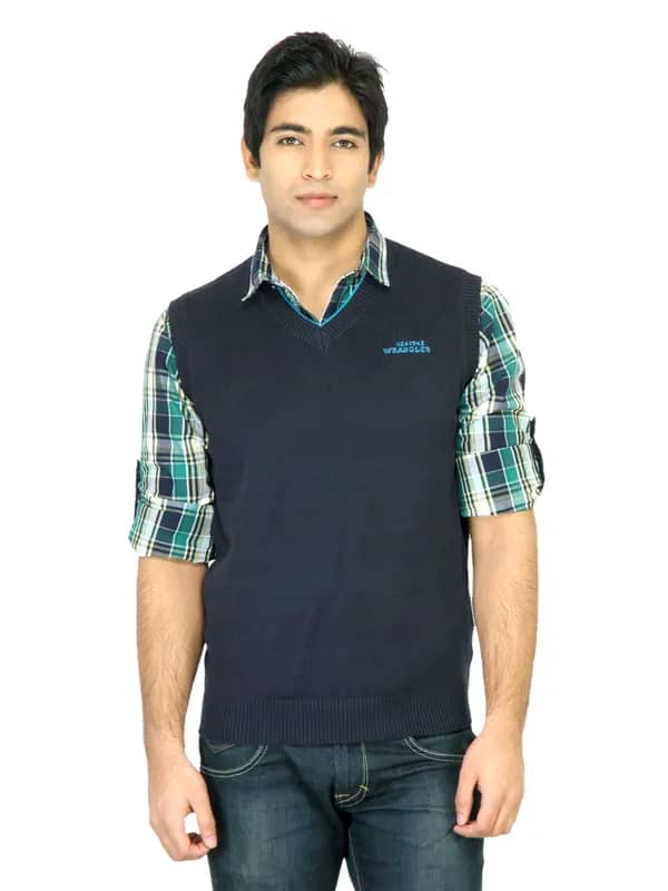 Wrangler Men Contrast Rib Navy Blue Sweater