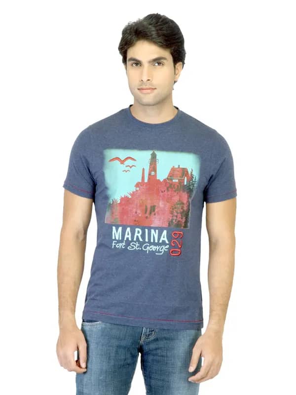 Basics Men Blue Printed T-shirt