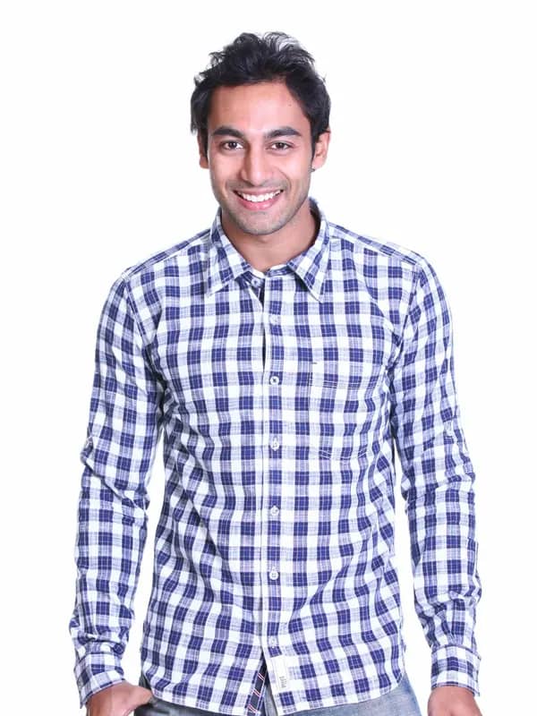 Basics MenNavy Slim Fit Checked Shirt