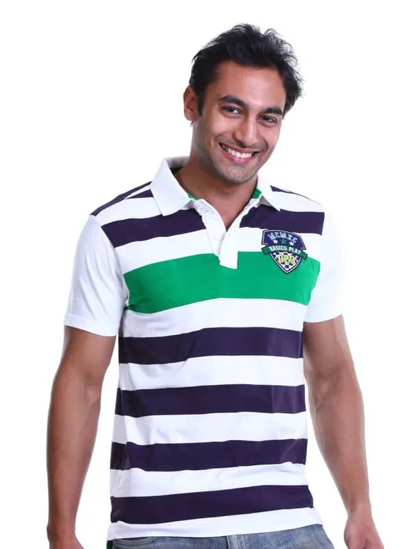 Basics Men Green & Blue Polo T-shirt
