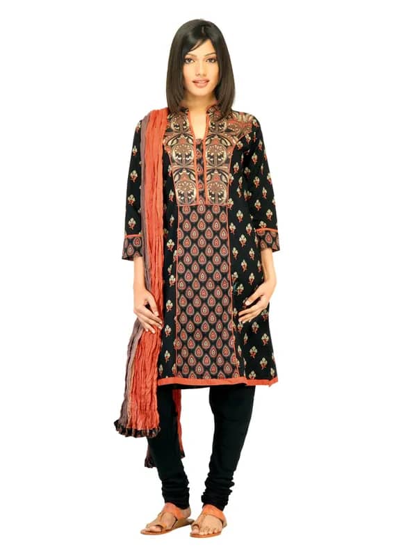 Biba Women Black Printed Churidar Kurta with Dupatta