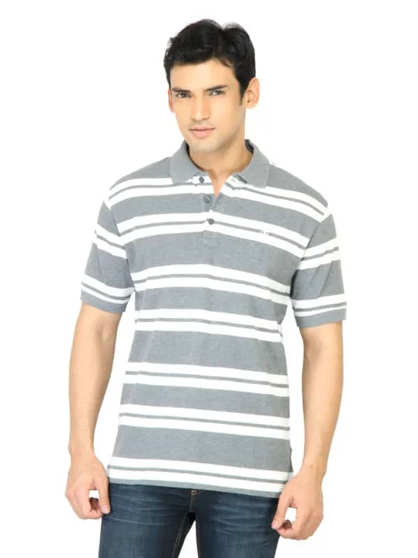 John Players Men Stripes Grey Polo T-Shirt