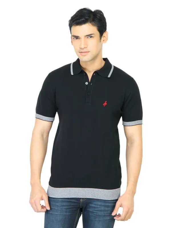 John Players Men Solid Black Polo T-Shirt
