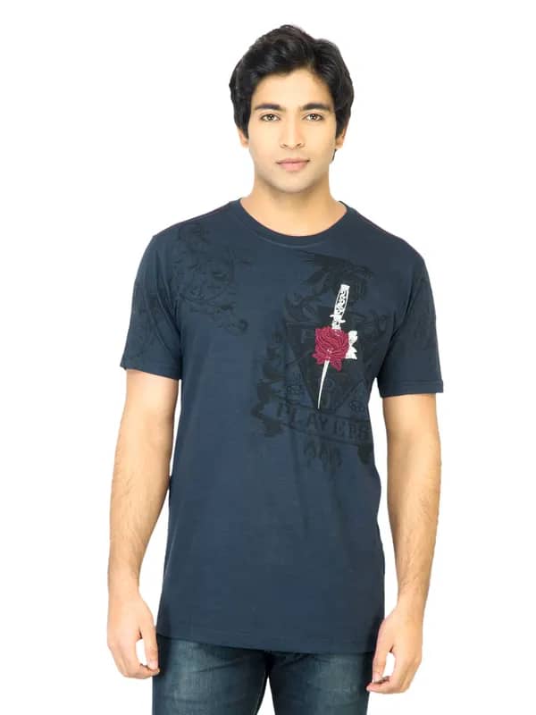 John Players Men Printed Navy Blue T-Shirt