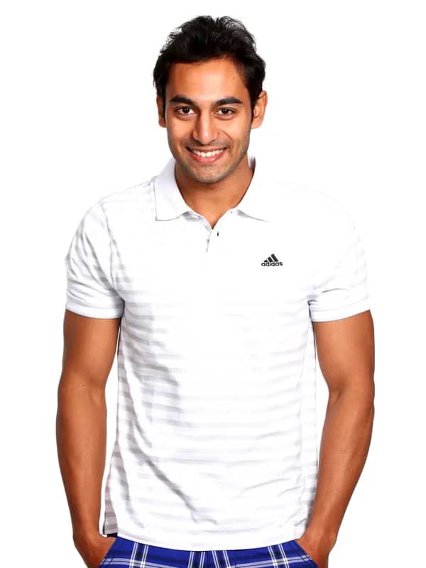 ADIDAS Men Stripe Polo White Polo T-shirt