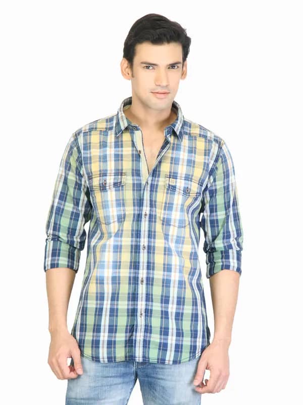 Basics Men Navy Slim Fit Checked Shirt