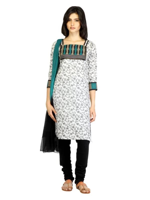 Vishudh Women White & Black Churidar Kurta with Dupatta