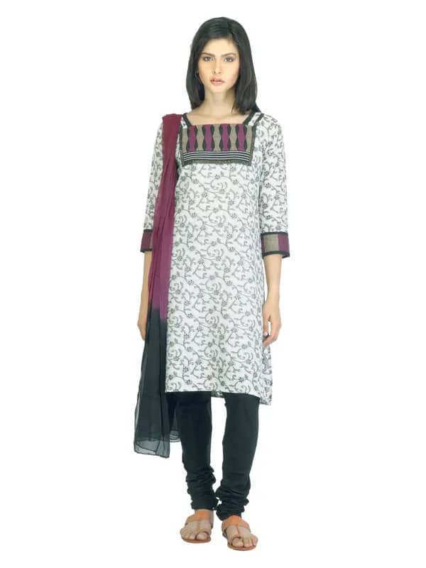 Vishudh Women White and Black Churidar Kurta with Dupatta