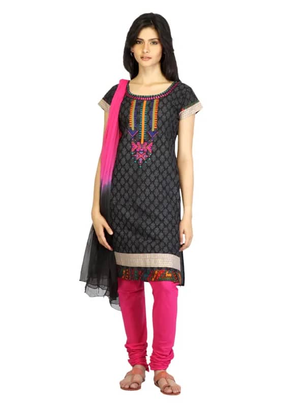 Vishudh Women Black & Pink Printed Churidar Kurta with Dupatta