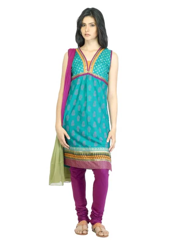 Vishudh Women Green & Purple Churidar Kurta with Dupatta