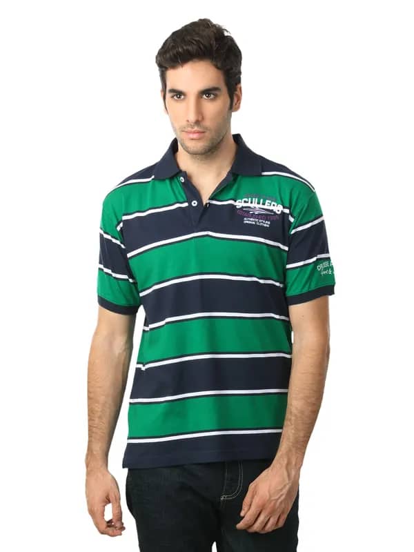 Scullers Men Green & Navy Blue Striped T-shirt