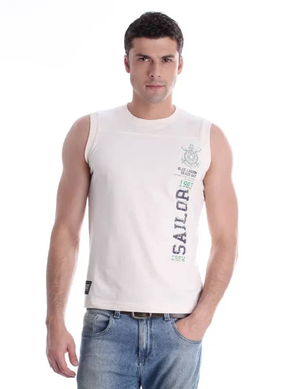 Proline Men Cream-Coloured Sleeveless T-shirt with Printed Detail