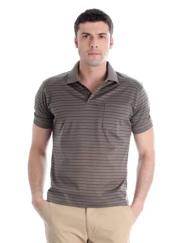 Proline Men Brown Striped Polo T-shirt
