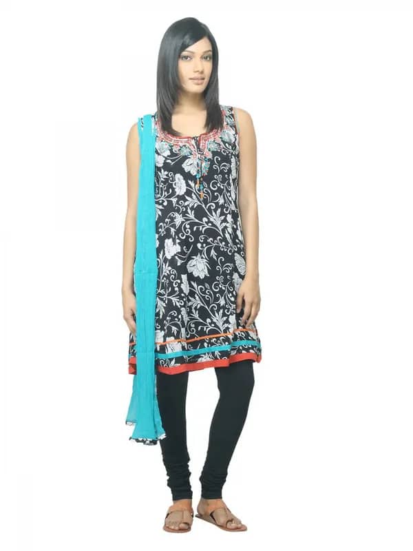 Biba Women Black Printed Churidar Kurta with Dupatta