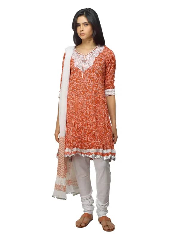 Biba Women Orange & White Printed Churidar Kurta with Dupatta
