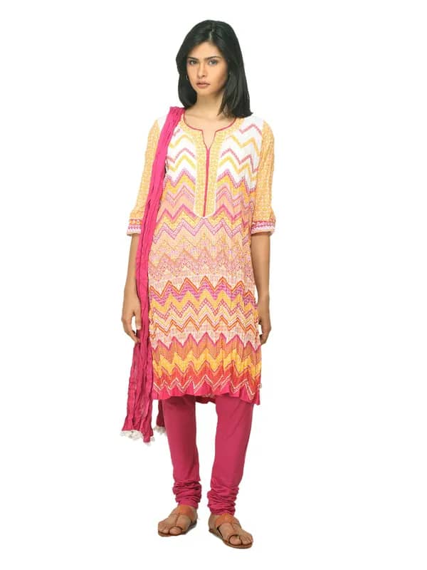 Biba Outlet Women Pink Printed Churidar Kurta with Dupatta
