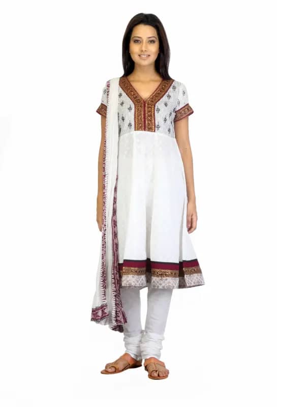 Biba Outlet Women Off-White Printed A-Line Churidar Kurta with Dupatta