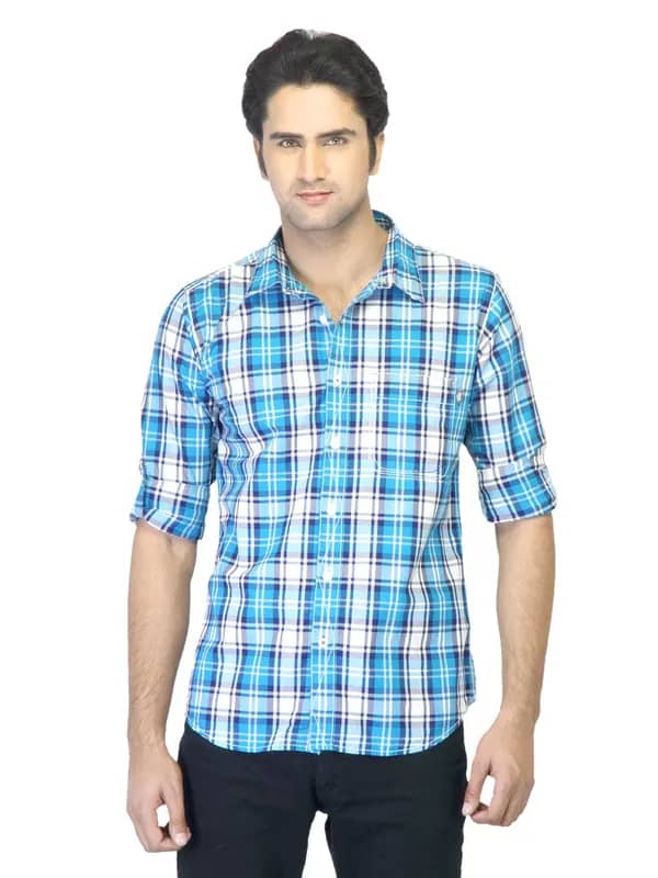 Basics Men Blue Checked Slim Fit Shirt