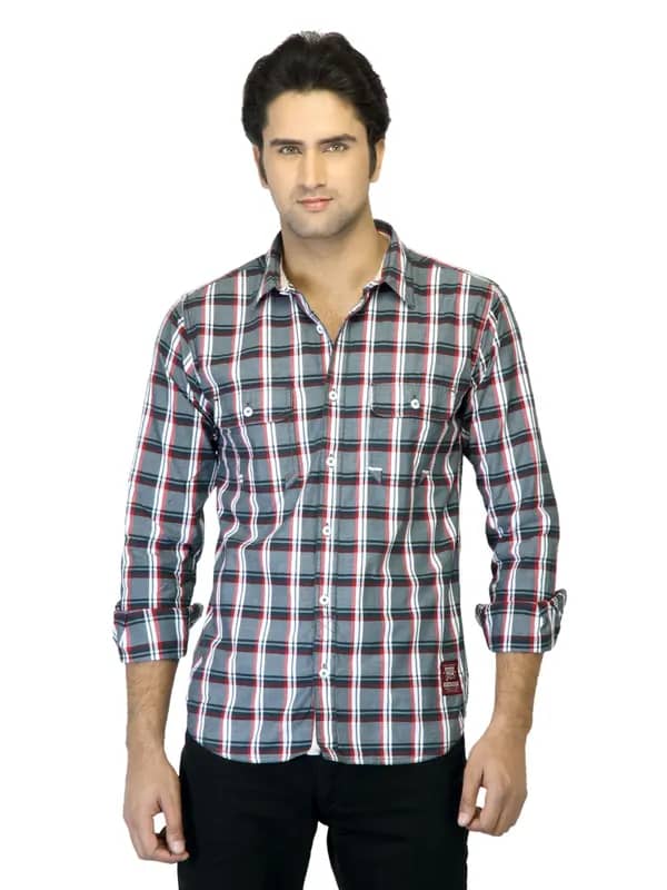 Basics Men Grey Checked Shirt