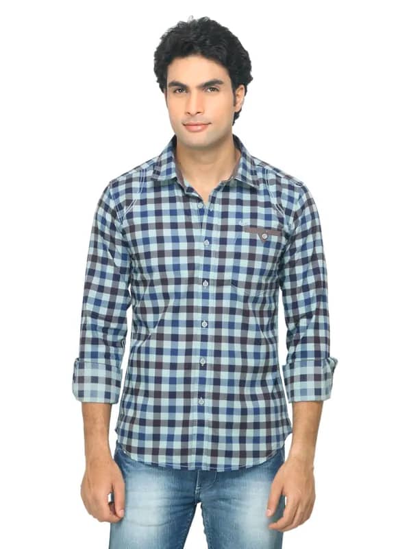 Flying Machine Men Check Blue Shirt